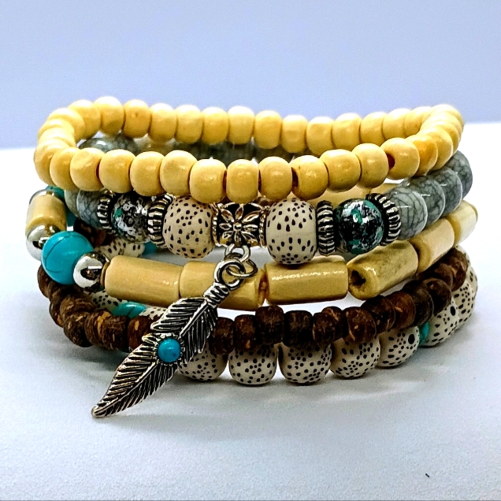 5 Unisex Stackable Wooden And Resin Beaded Boho Bracelets - Picture 1 of 4